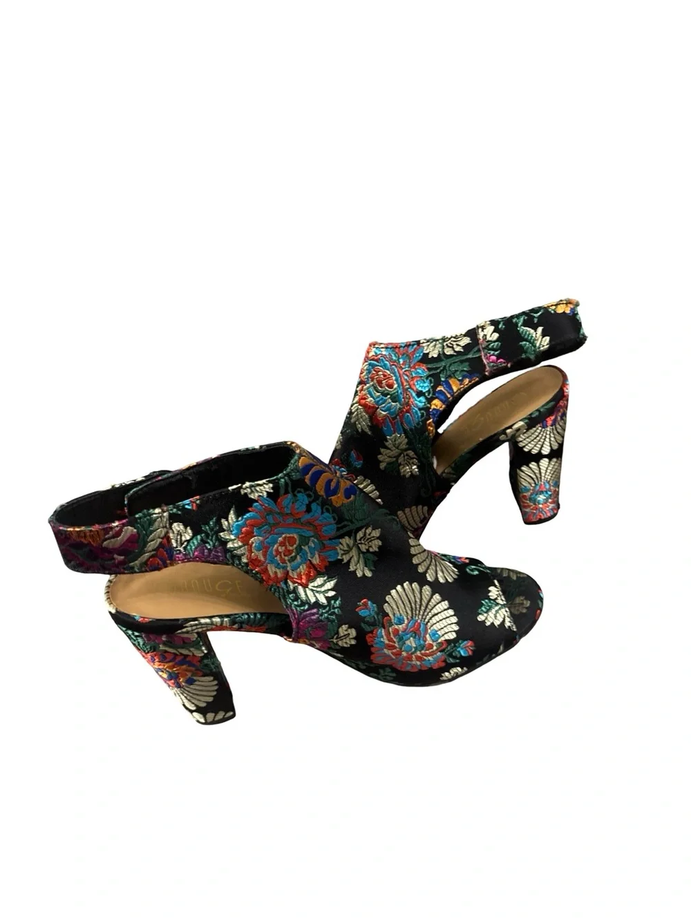 Rouge Helium Multicolor Tapestry Floral Embroidered Slingback Block Heels Sz 11